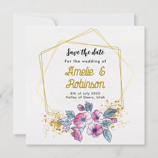 Elegante Witte en Gouden Bloemen Modern Uniek Save The Date (Voorkant)