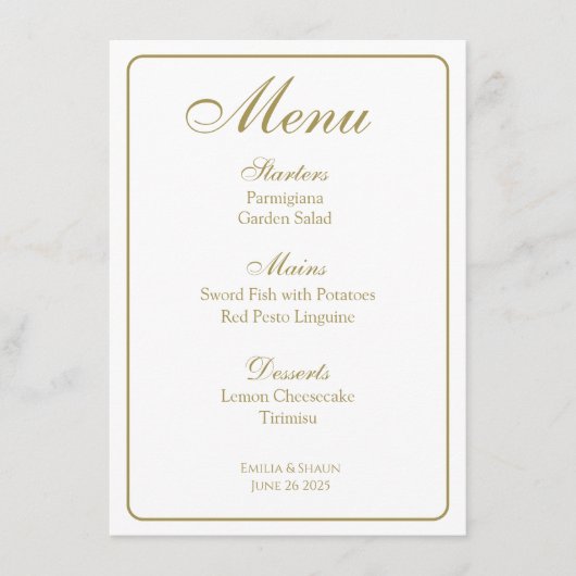 Elegante witte en gouden bruiloft menu's (Voorkant)