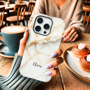 Elegante witte en gouden marmeren gepersonaliseerd iPhone 15 pro hoesje
