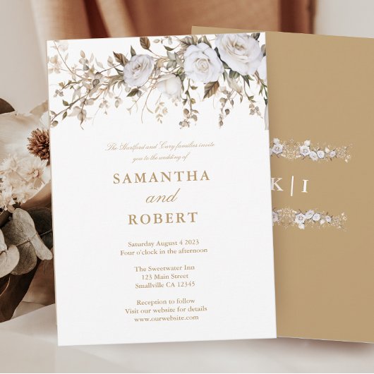 Elegante witte en gouden Rozen Crest bruiloft Kaart