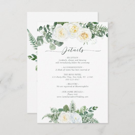 Elegante witte en groene bloemen bruiloft details informatiekaartje (Voorkant / Achterkant)