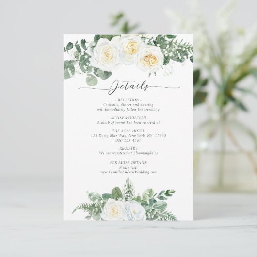 Elegante witte en groene bloemen bruiloft details informatiekaartje (Staand voorkant)