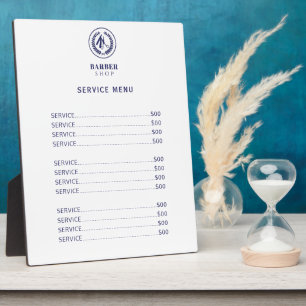Elegante witte en marineblauwe kapper menu prijsli fotoplaat