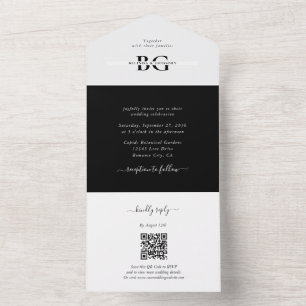 Elegante witte en zwarte monogram Initialen bruilo All In One Uitnodiging