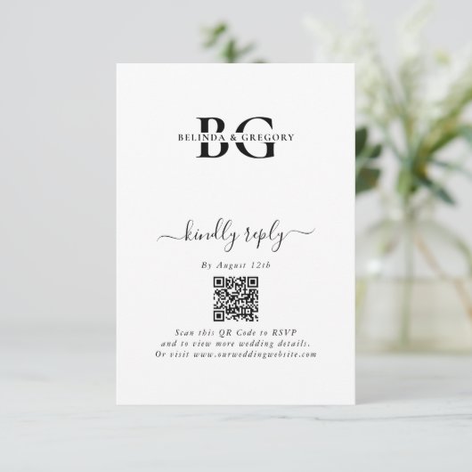 Elegante witte en zwarte monogram Initialen bruilo Informatiekaartje (Staand voorkant)