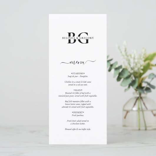 Elegante witte en zwarte monogram Initialen bruilo Menu (Staand voorkant)
