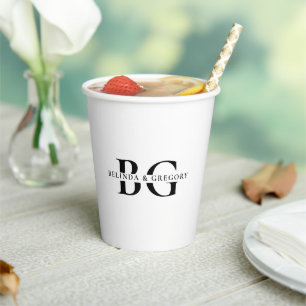 Elegante witte en zwarte monogram Initialen bruilo Papieren Bekers