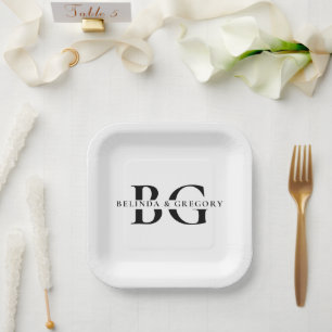 Elegante witte en zwarte monogram Initialen bruilo Papieren Bordje