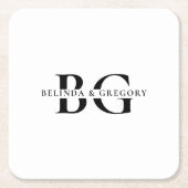 Elegante witte en zwarte monogram Initialen bruilo Vierkante Kartonnen Onderzetter (Voorkant)