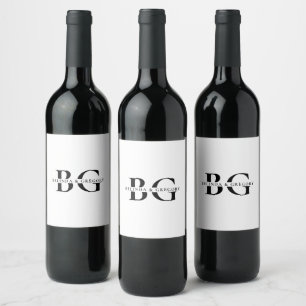 Elegante witte en zwarte monogram Initialen bruilo Wijn Etiket