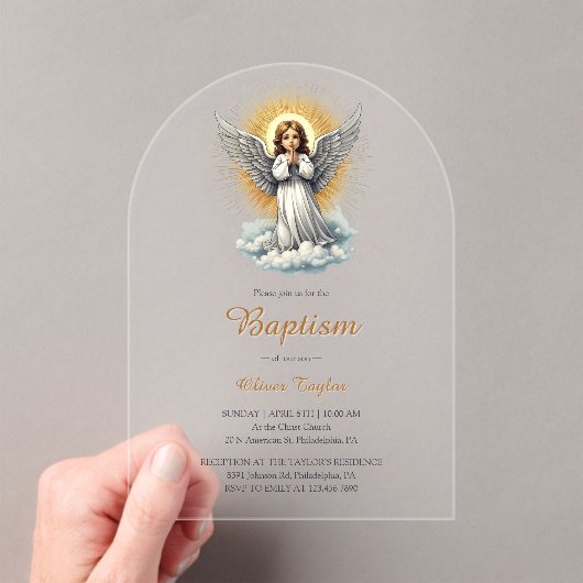 Elegante Witte Engel Religieuze Christelijke Doop Acryl Uitnodigingen (Insitu (Draagbaar))