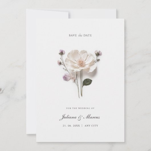 Elegante witte geperste bloem chic save the date (Voorkant)