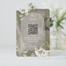 Elegante witte gepolkte groene wedding RSVP QR