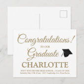 Elegante witte gouden afstudeerhoed diploma-uitnod briefkaart (Voorkant / Achterkant)