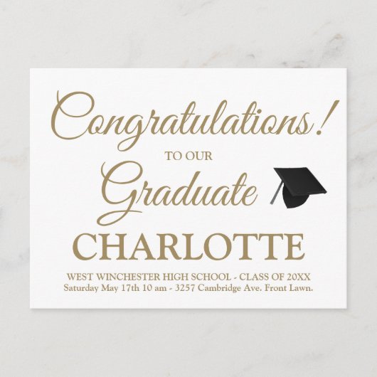 Elegante witte gouden afstudeerhoed diploma-uitnod briefkaart (Voorkant)