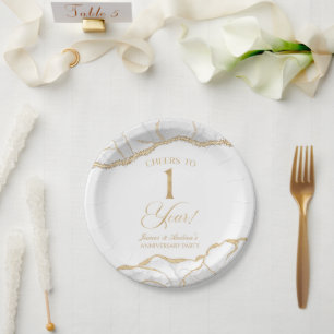 Elegante witte gouden agaat 1e verjaardagsfeest papieren bordje