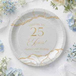 Elegante witte gouden agaat 25e verjaardagsfeest papieren bordje