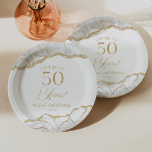 Elegante witte gouden agaat 50ste verjaardagsfeest papieren bordje