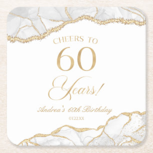 Elegante witte gouden agaat 60e verjaardagsfeest vierkante kartonnen onderzetter