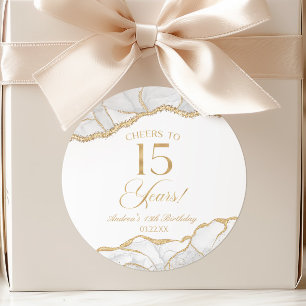 Elegante Witte Gouden Agate 15e Verjaardagsfeest Ronde Sticker