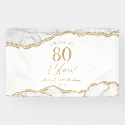 Elegante Witte Gouden Agate 80e Verjaardagsfeest Spandoek (Horizontaal)