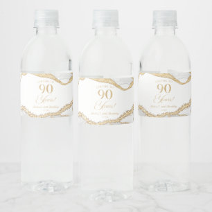 Elegante Witte Gouden Agate 90ste Verjaardagsfeest Waterfles Etiket