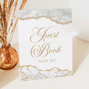 Elegante Witte Gouden Agate Gastenboek Bord Reclamebord Met Voetstuk