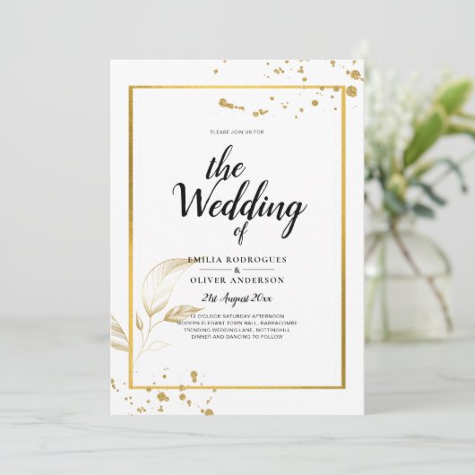 Elegante witte & gouden foto-huwelijksuitnodiging kaart (Staand voorkant)