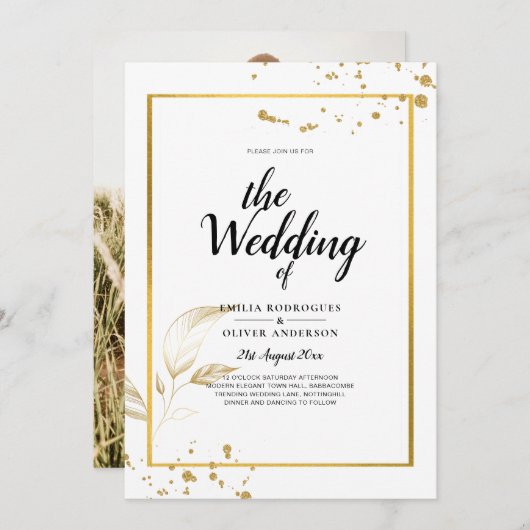 Elegante witte & gouden foto-huwelijksuitnodiging kaart (Voorkant / Achterkant)