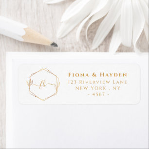Elegante witte gouden monogram trouwretouradreslab etiket