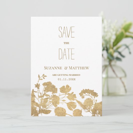 Elegante witte gouden wilde bloem lux Save the Dat Kaart (Staand voorkant)