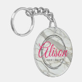 Elegante witte graniet aangepaste naam en geboorte sleutelhanger (Voorkant Links)