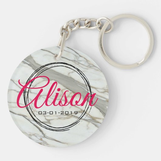 Elegante witte graniet aangepaste naam en geboorte sleutelhanger (Achterkant)