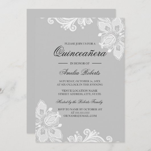 Elegante witte grijze kant quinceanera uitnodiging (Voorkant / Achterkant)