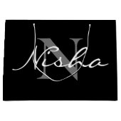 Elegante witte grijze monogram naam zwart groot cadeauzakje (Voorkant)