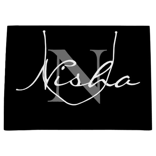 Elegante witte grijze monogram naam zwart groot cadeauzakje (Voorkant)