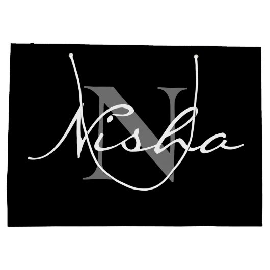 Elegante witte grijze monogram naam zwart groot cadeauzakje (Achterkant)