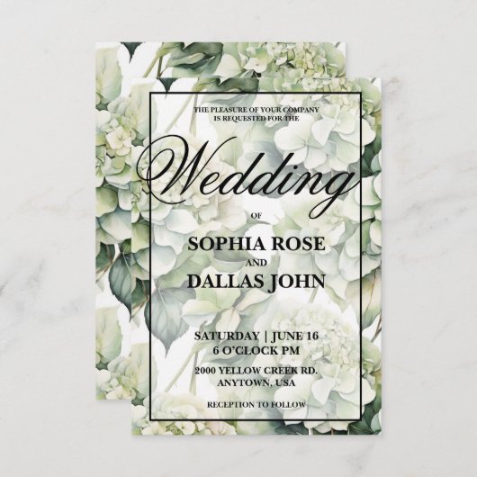 Elegante witte groene waterverf bloemenbruiloft kaart (Voorkant / Achterkant)
