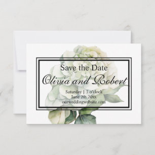 Elegante witte groene waterverf bloemenhortensia's save the date