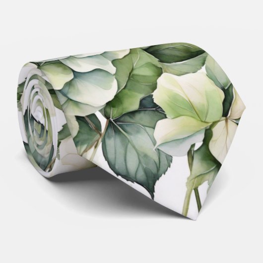 Elegante witte groene waterverf bloemenhortensia's stropdas (Opgerold)