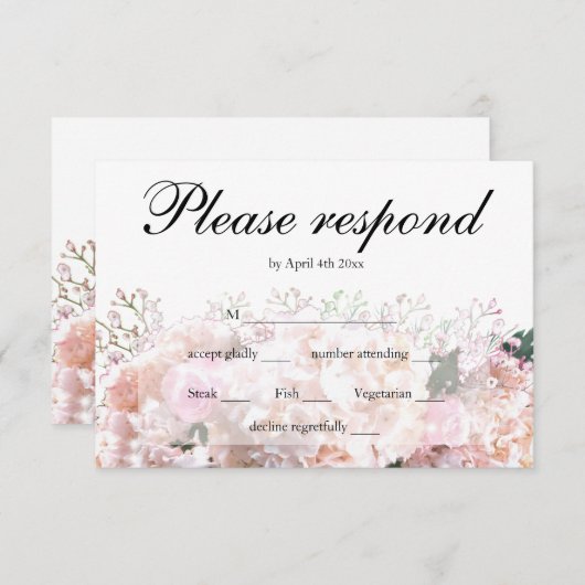 Elegante witte hortensia als roze rozen RSVP (Voorkant / Achterkant)
