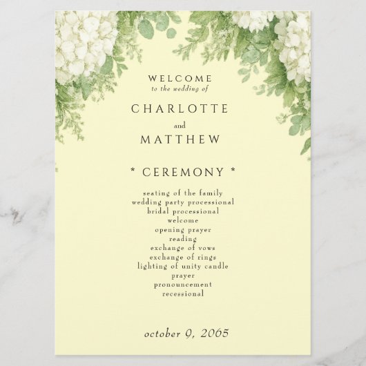Elegante Witte Hortensia's Gele Trouwprogramma II Programma (Voorkant)