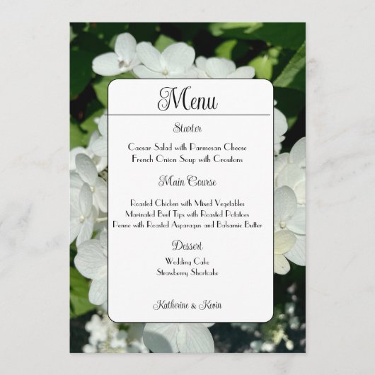 Elegante witte Hydrangea bruiloft Menu (Voorkant)