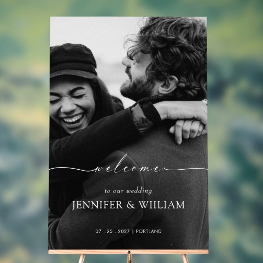 Elegante witte kalligrafie bruiloft welkom foto acryl bord (Neutraal)