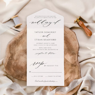 Elegante witte kalligrafie scriptuur bruiloft all in one uitnodiging