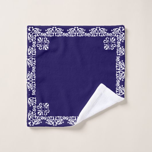 Elegante Witte Kant Vector op Marine Blauw Bad Handdoek (Wasdoekje)