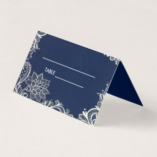 elegante witte kanten marineblauwe Place Card Visitekaartjes
