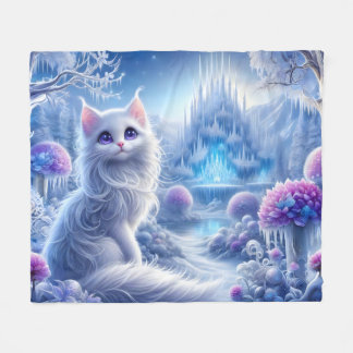 Elegante witte kat in een besneeuwd magisch rijk fleece deken