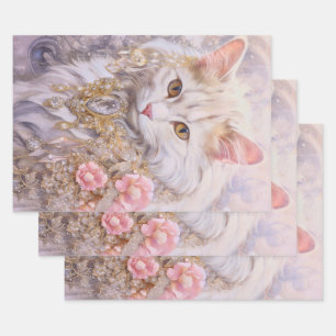 Elegante witte kat in goud en diamanten inpakpapier vel