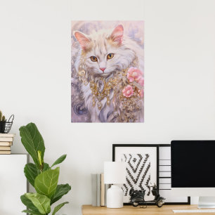 Elegante witte kat in goud en diamanten poster